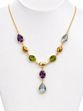 14K Gold Multi Gemstone Necklace Amethyst Citrine Peridot Blue Topaz Drop